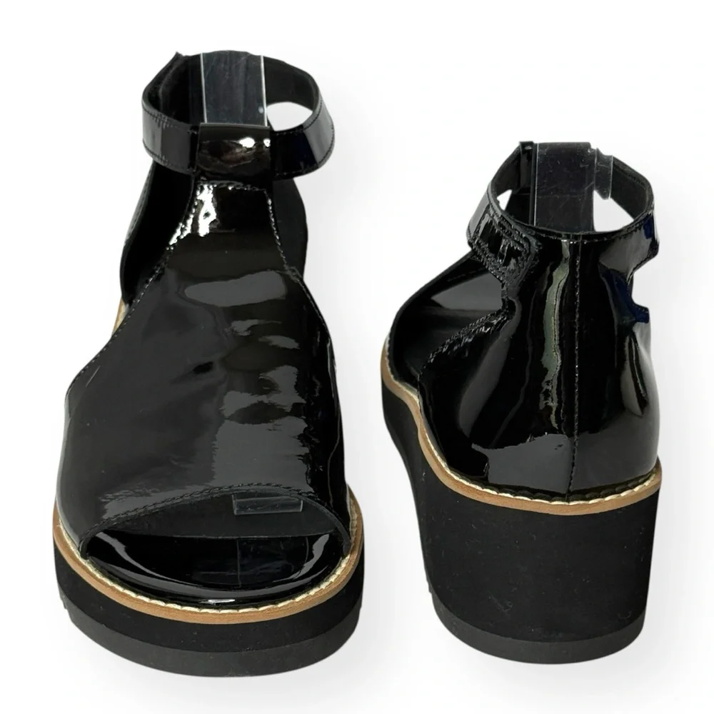 EILEEN FISHER Data Black Patent Ankle‎ Strap Wedge Sandals Size 7